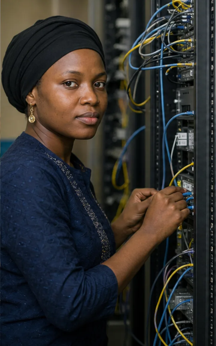 Technicien réseaux et sécurité Sahel Tech sur une baie informatique